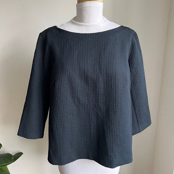 CLUB MONACO NAVY TEXTURED 3/4 SLEEVE SCOOP NECK BLOUSE LARGE - Picture 1 of 7